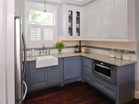 The color you ultimately choose for your kitchen cabinets should harmonize with existing hues in the room, she advises. Small Kitchen With Two-Toned Cabinets | HGTV