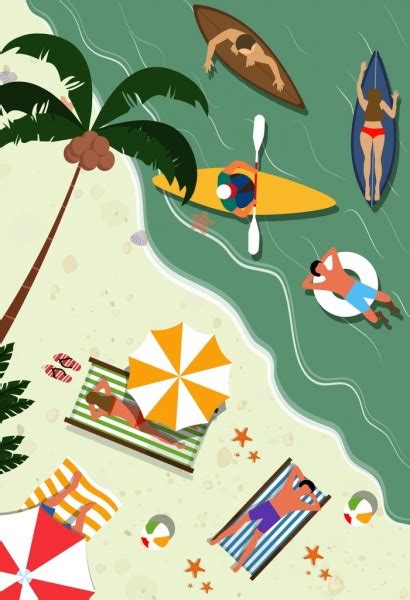 Beach Vacation Drawing Recreational People Colored Cartoon Vectors