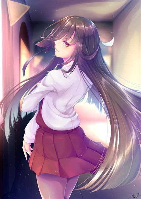 Wallpaper Illustration Long Hair Anime Girls Brunette Skirt Orange Eyes Mangaka