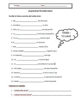 Tener Worksheets Spanish I Teaching Sentences Beginner Spanish