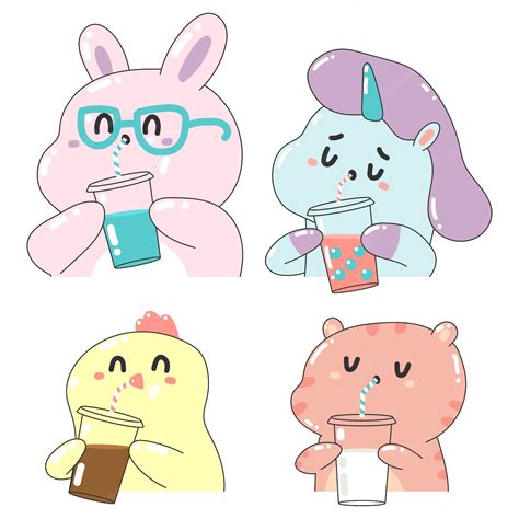 Premium Vector Cute Animals Drink Smoothie Coffee Bubble Tea And