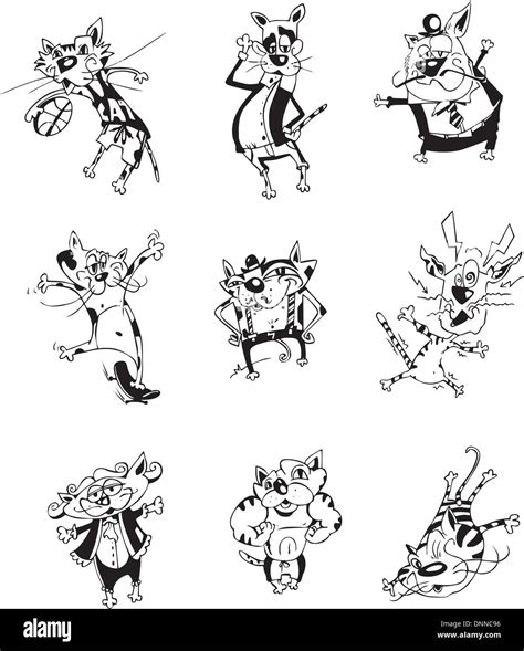 Funny Cats Vector Set Of Black And White Cartoons Stock Vector Image