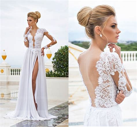 Sexy Long Sleeve V Neck Beach Wedding Dresses 2017 A Line Split Front Open On Storenvy