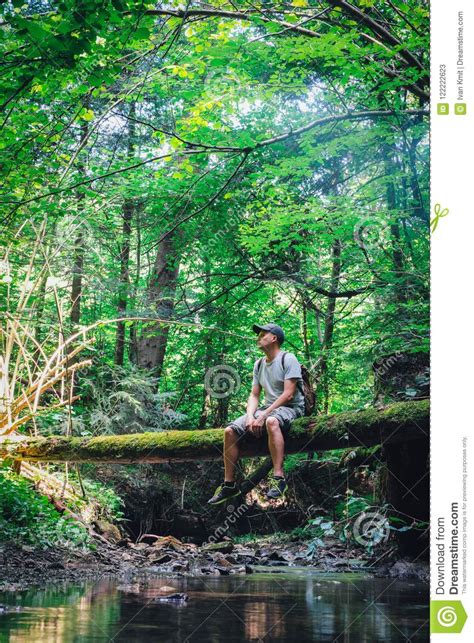 Alone Man In Wild Forest Stock Image Image Of Cliff 122222623