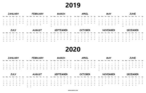 2019 2020 Calendar Printable Template On One Sheet Excel Pdf Word