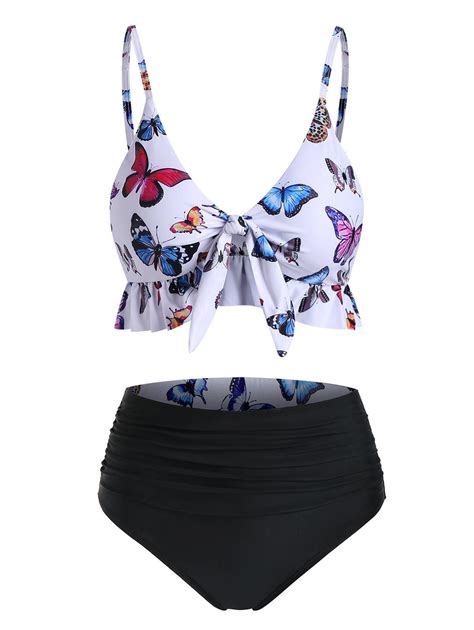 12 Off 2020 Butterfly Print Ruffle Ruched Reversible Bikini Swimwear
