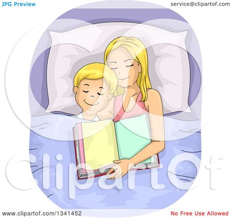 Clipart Of A Blond Caucasian Mother And Son Asleep After Reading A