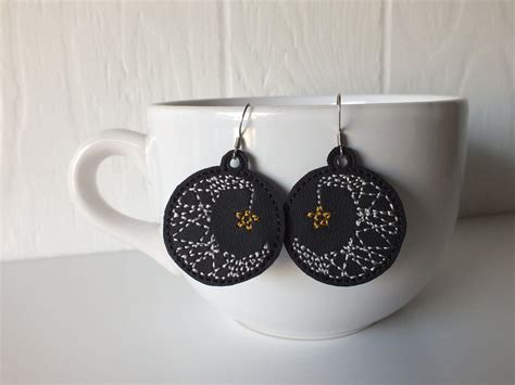Moon And Star Earrings Embroidered Celestial Earrings Etsy Moon And