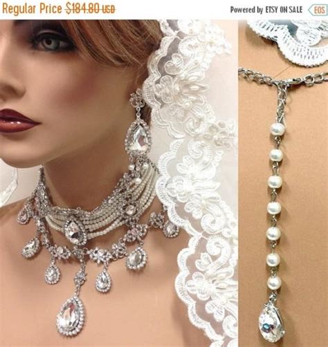 Bridal Choker Statement Necklace Earrings Vintage Inspired Victorian Pearl Swarovski Crystal