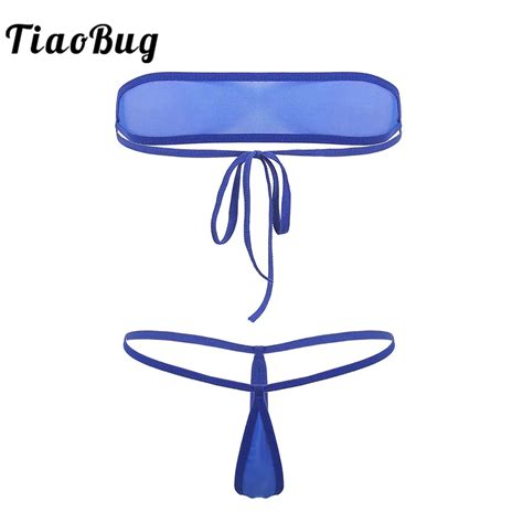 Women Erotic Bikini Lingerie Set Micro Mini Sheer Mesh Strapless Tie On Tube Bra With Thong G