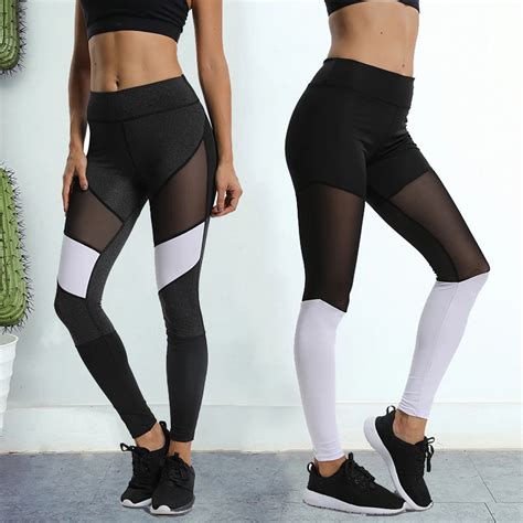 Summer Women Patchwork Mesh Yoga Pants Sporting Leggings Fitness Black Transparent Sexy Workout