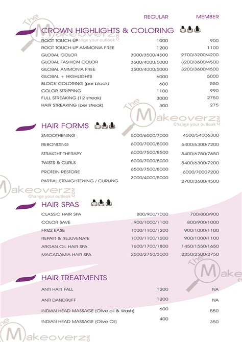 * all color services are subject to an additional charge depenging on the length and thickeness of the hair, and the amount of color used. Naturals Salon Price List For Facial - NaturalSalons