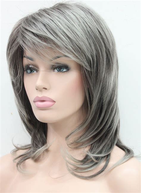 Fashion Stylish Dark Brown Medium Wavy Women Daily Wig Grey Wigs For Sale