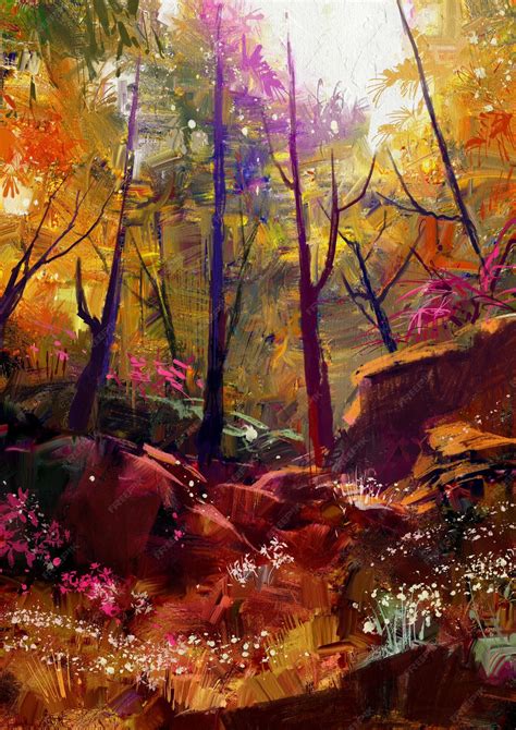 Premium Photo Landscape Painting Of Beautiful Autumn Forest With Sunlight