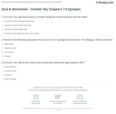 Quiz And Worksheet October Sky Chapters 7 9 Synopsis