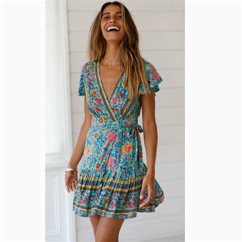 Floral Print Bohemian Mini Dress Women 2019 Summer Chic Short Sleeve V