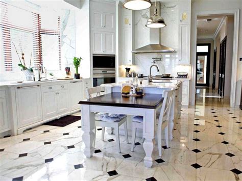 White Kitchen With Black And White Marble Tile Floor 
