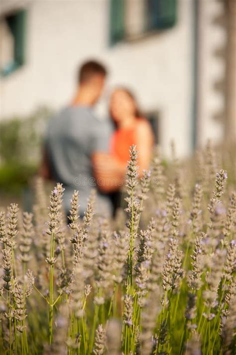 Young Romantic Couple Standing On A Garden Near Lavender Plants Stock