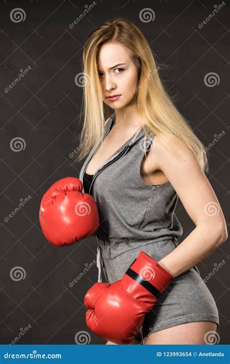 Beautiful Woman With Red Boxing Gloves Stock Photo Image Of Muscles