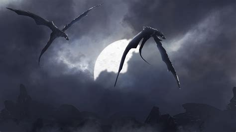 Fantasy Two Dragons Are Flying High On Sky Near Moon 4k 5k Hd Dreamy