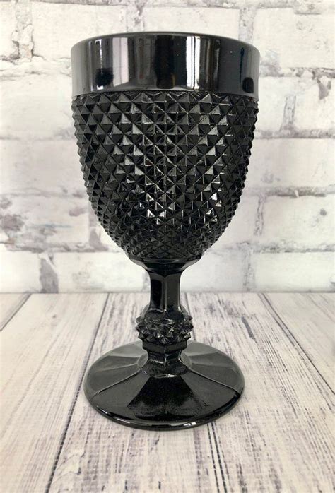 Vintage Black Water Wine Goblets Black Milk Glass Stem Ware Set Of Four Indiana Diamond Point