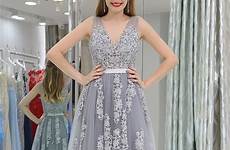 dress tulle prom silver long lace neck princess line sash
