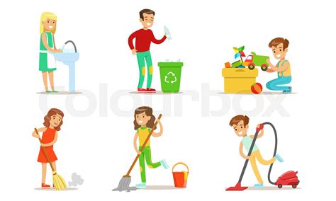 Cute Children Doing Housework Set Boys And Girls Mopping And Vacuuming