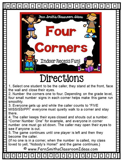 If playing four corners in gym class was your jam, then you'll love the virtual version of this game. Indoor Recess ~ Four Corners Directions - Fern Smith's ...