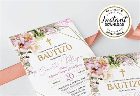 Bautizo Invitations Pink Gold Invitacione De Bautizo Niña Etsy México