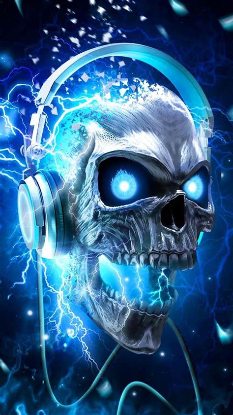 Skull Music Headphone Art Neon Blue Metallic Skull Design Flaming