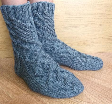 Hand Knit Men Grey Wooll Socks Home Socks With Cable Pattern Etsy