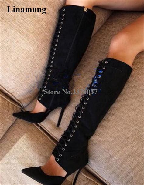 Women Sexy Fashion Pointed Toe Black Suede Leather Knee High Gladiator