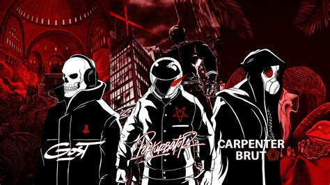 Three Men In Black And Red Hoodies Standing Next To Each Other With The Caption Carpenter Brut