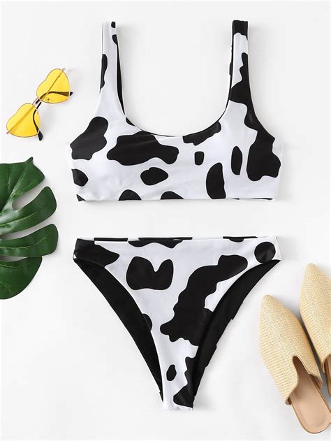 Cow Pattern Top With High Leg Bikini Set Shein Usa Hot Sex Picture