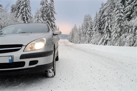 A Car On A Snowy Mountain Road Stock Image Image Of Snowy Dangerous