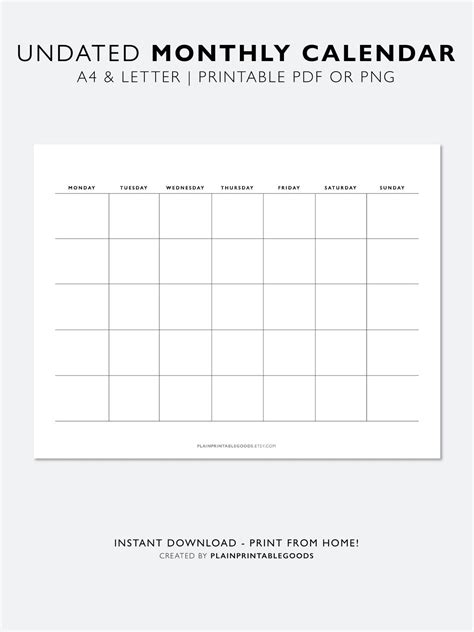 Undated Monthly Calendar Printable Landscape Minimalist Etsy