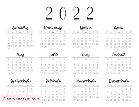 2022 Yearly Calendar Free Simple Minimal 2022 Calendar Printable