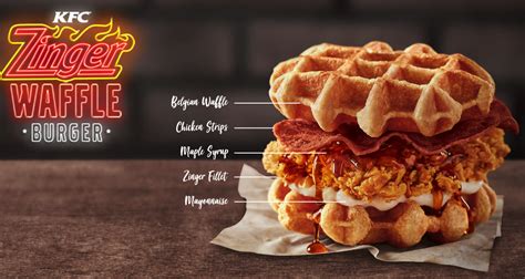 It is composed of a bun centre filled with crispy fried chicken fillet, cheese slice, lettuce piece, onion and tomato slices. Harga KFC Zinger Waffle Burger - Senarai Harga Makanan di ...