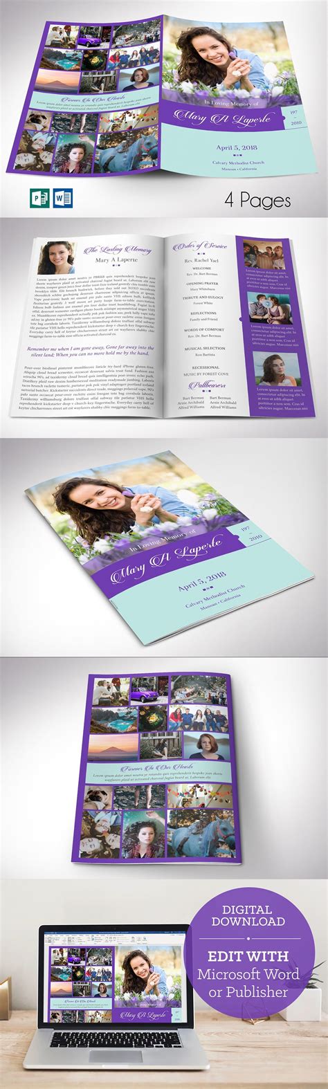 Remember Purple Teal Funeral Program Word Publisher Template 4 Pages