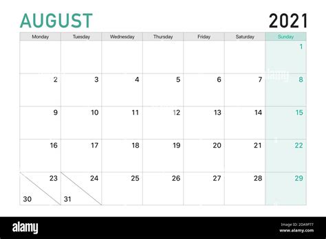 2021 August Illustration Vector Desk Calendar Weeks Start On Monday In