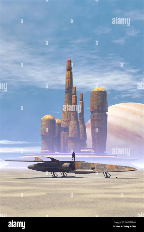 Space Fighter And City In A Desert Planet 3d Render Science Fiction
