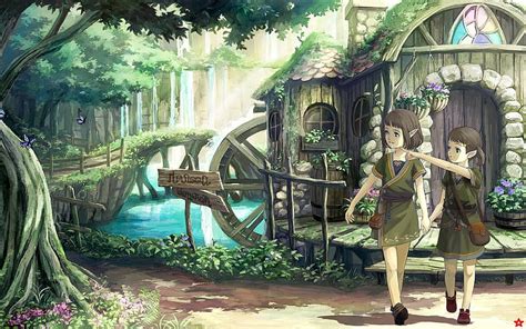The Elf Girls House Scenic Plant Country Side Butterfly Anime Water Mill Hd Wallpaper