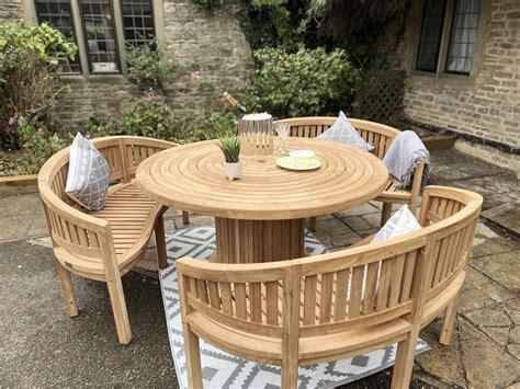 Teak Garden Furniture Round Table 150cm With 3 Bowood Benches Rattan