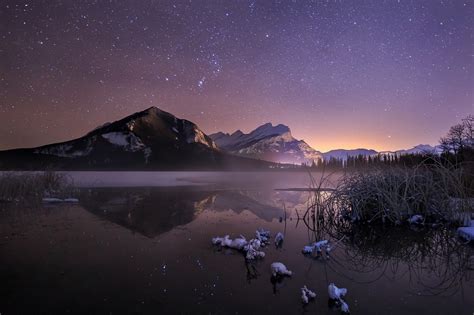 Nature Landscape Cold Winter Starry Night Frost Lake Mountain