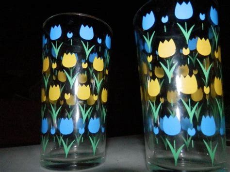 Vintage Tulips Yellow Blue 8 Oz Juice Glasses 2FREE Etsy Blue