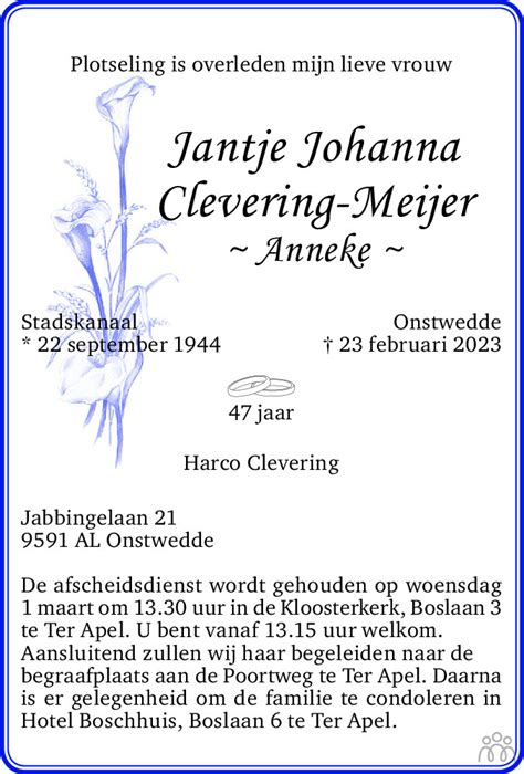 Jantje Johanna Anneke Clevering Meijer 23 02 2023 Overlijdensbericht