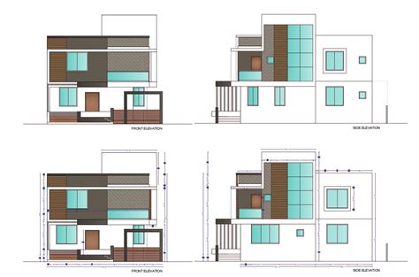 Four Side Modern Elevation Of Bungalow With Basic Rendered Autocad