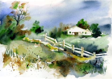 Original Watercolor Painting Country Landscape Wall Art Etsy