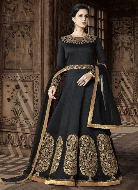 Black And Gold Embroidered Silk Anarkali Suit Silk Anarkali Suits
