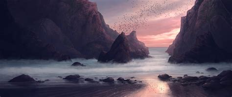 2560x1080 Beach Seaside Digital Painting 4k 2560x1080 Resolution Hd 4k